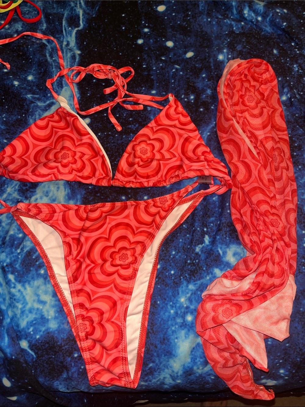 Red Floral Triangle Bikini Set with Sarong - Women beachwear